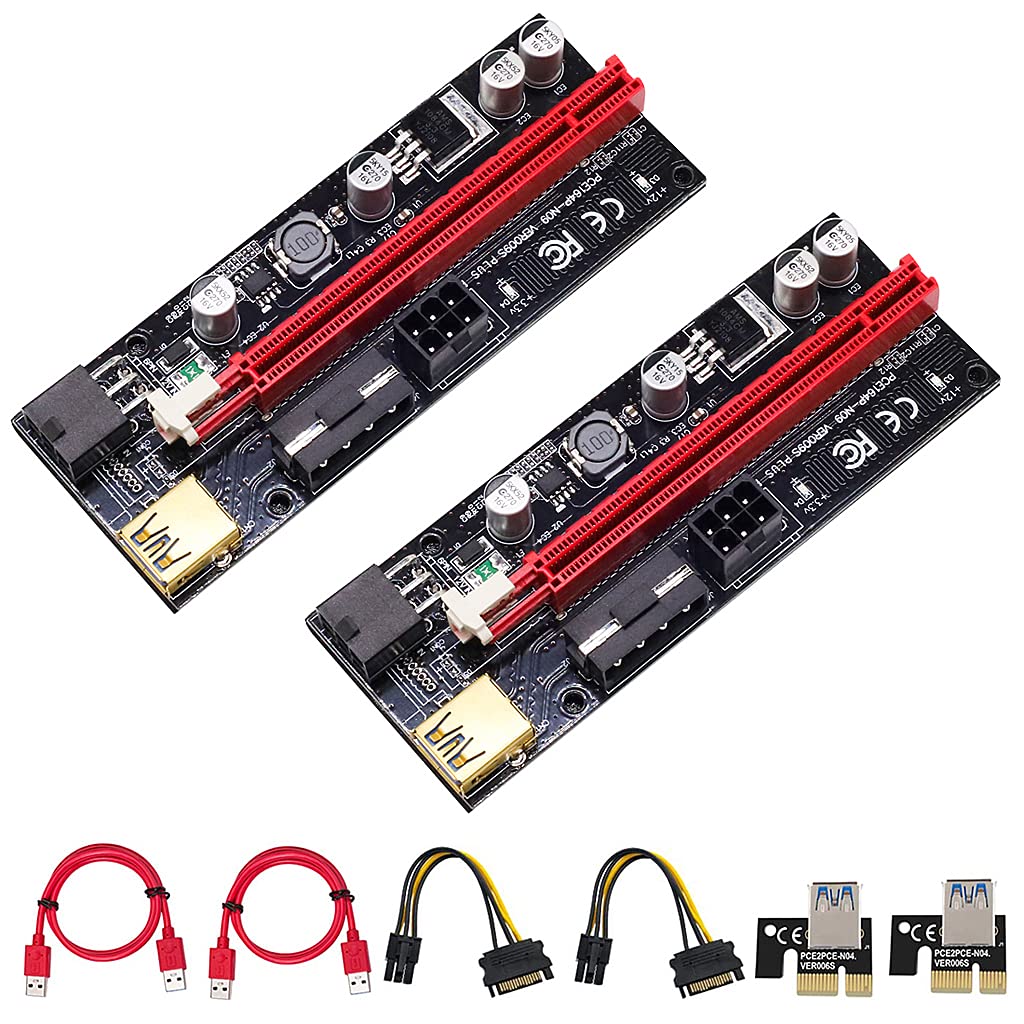 2 Pack Pi+ VER009S Gold PCI-E 6Pin 1X to 16X Powered Pcie Riser Adapter Card - verilux