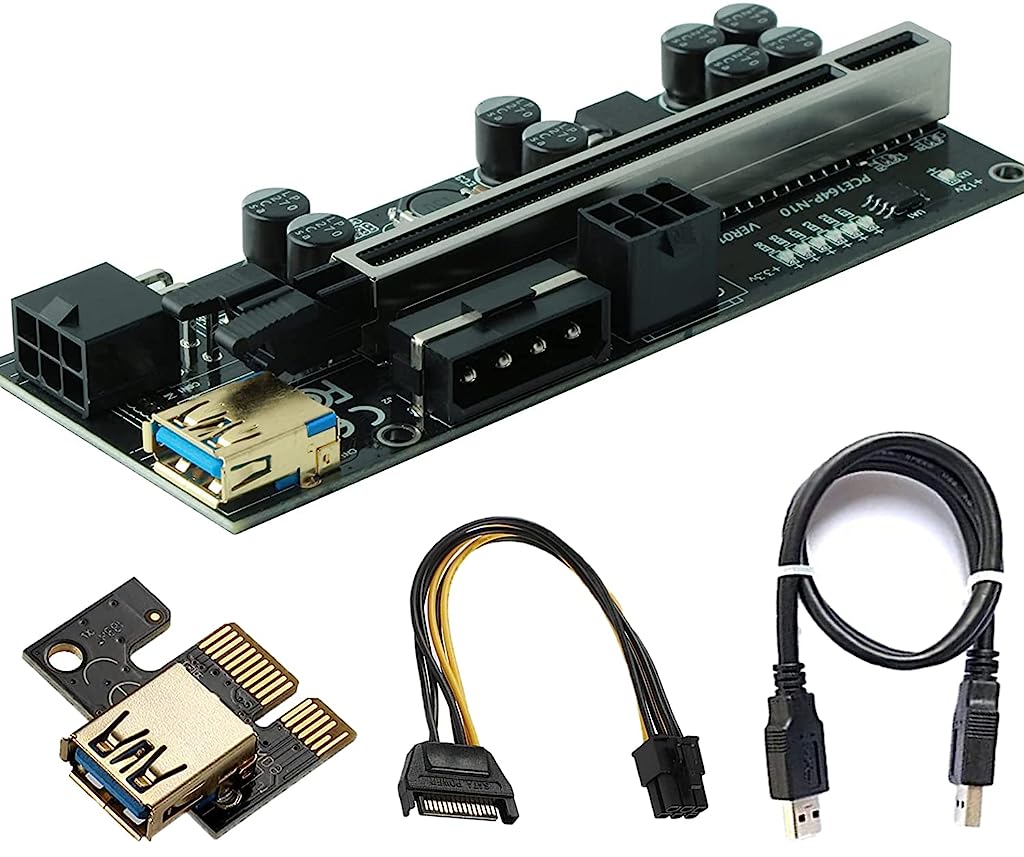 Verilux VER009C-Plus PCIE Riser, PCIE Cable 6 Pin 1X to 16X Powered Pcie Riser Adapter Card & USB 3.0 Extension Cable GPU Riser Adapter-Mining Bitcoin, Ethereum ETH Zcash ZEC Monero XMR (Black)