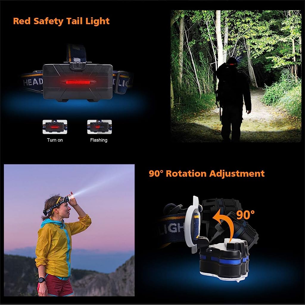 Verilux 13000 Lumens Head Torch Light Rechargeable, LED Emergency Light Headlamp Flashlight Headlight 90 Degree Angle Adjustable 8 Modes Headtorch for Home, Running, Walking, Camping, Fishing - verilux