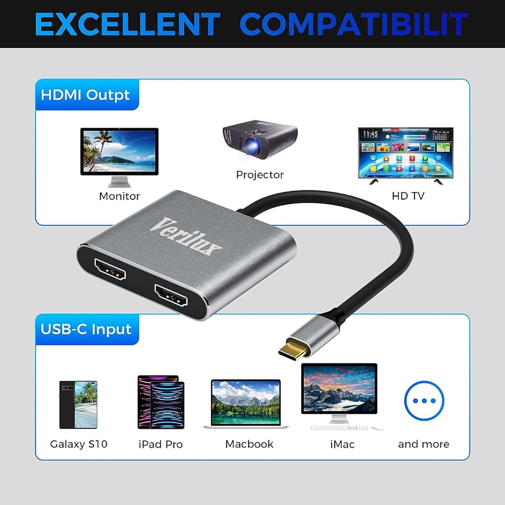 Verilux® USB C to HDMI Adapter Dual HDMI Ports USB HDMI Aapter 4K @60hz, Type C to HDMI Converter for MacBook Pro Air 2020/2019/2018, LenovoYoga 920/Thinkpad T480, Dell XPS - verilux