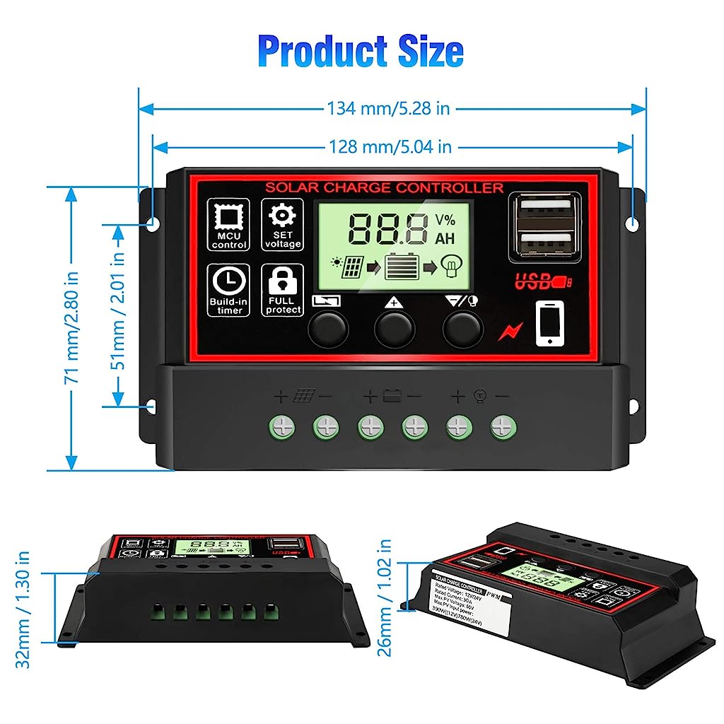 Verilux 10A Solar Charge Controller, Black Solar Panel Battery Smart Regulator, Dual USB Ports 12V/24V PWM Automatic Paremeter Adjustable LCD Display - verilux