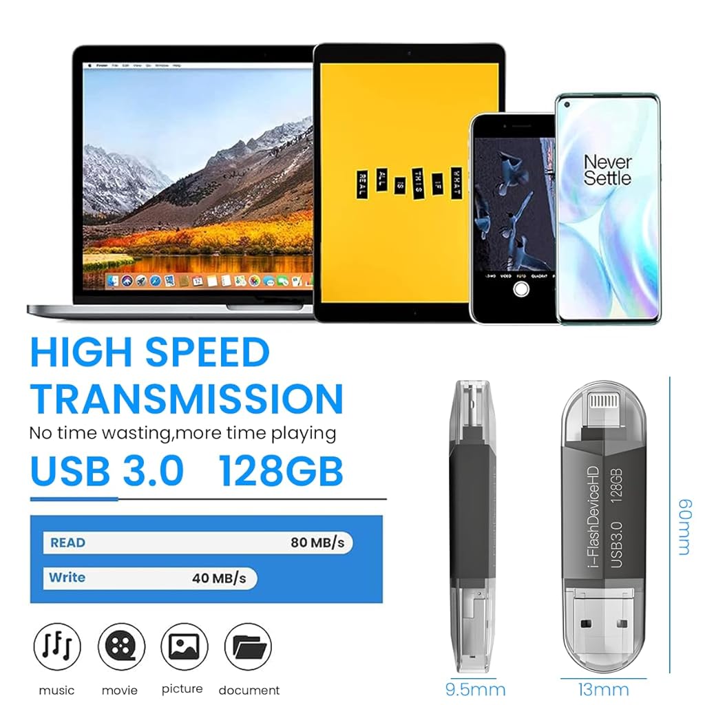 Verilux® 128GB USB Flash Drive for iPhone 3 in 1 Flash Drive with USB3.0/Micro USB Memory Stick Thumb Drives High Speed USB Stick External Storage Compatible with iPhone/iPad/Android/PC