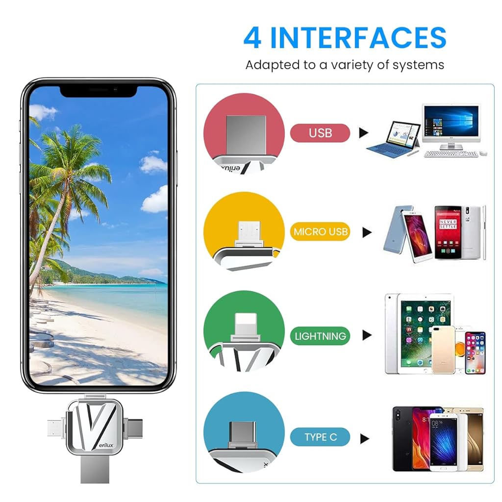 Verilux Pendrive 256GB, 4-in-1 Flash Drive for iPhone 4 in 1 Type C Pendrive with Light-ning/USB3.0/Micro/Type-c USB Memory Stick High Speed USB Stick External Storage for iPhone/iPad/Android/PC