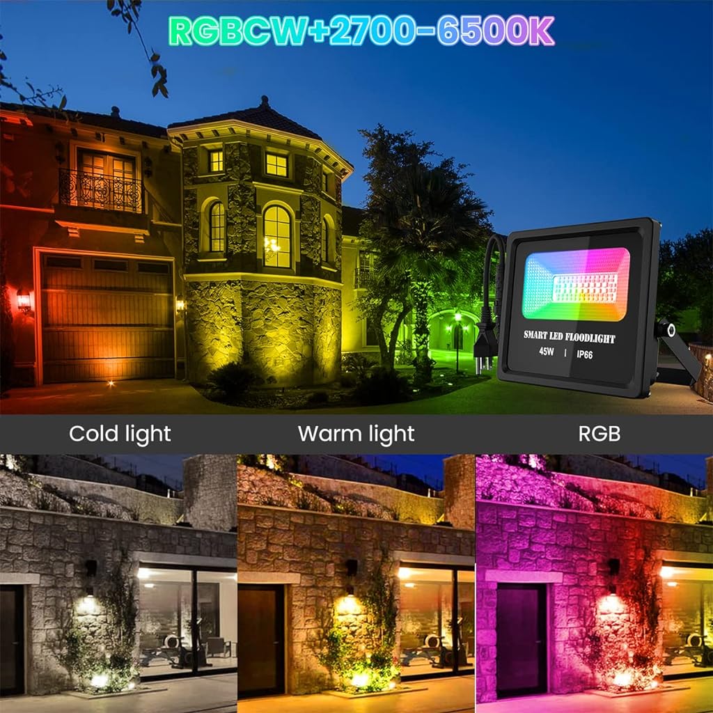 Verilux® Led Light RGBCW Focus Light 45W Bluetooth Smart Lights for Home 2000LM Outdoor Lights Waterproof IP66 - verilux