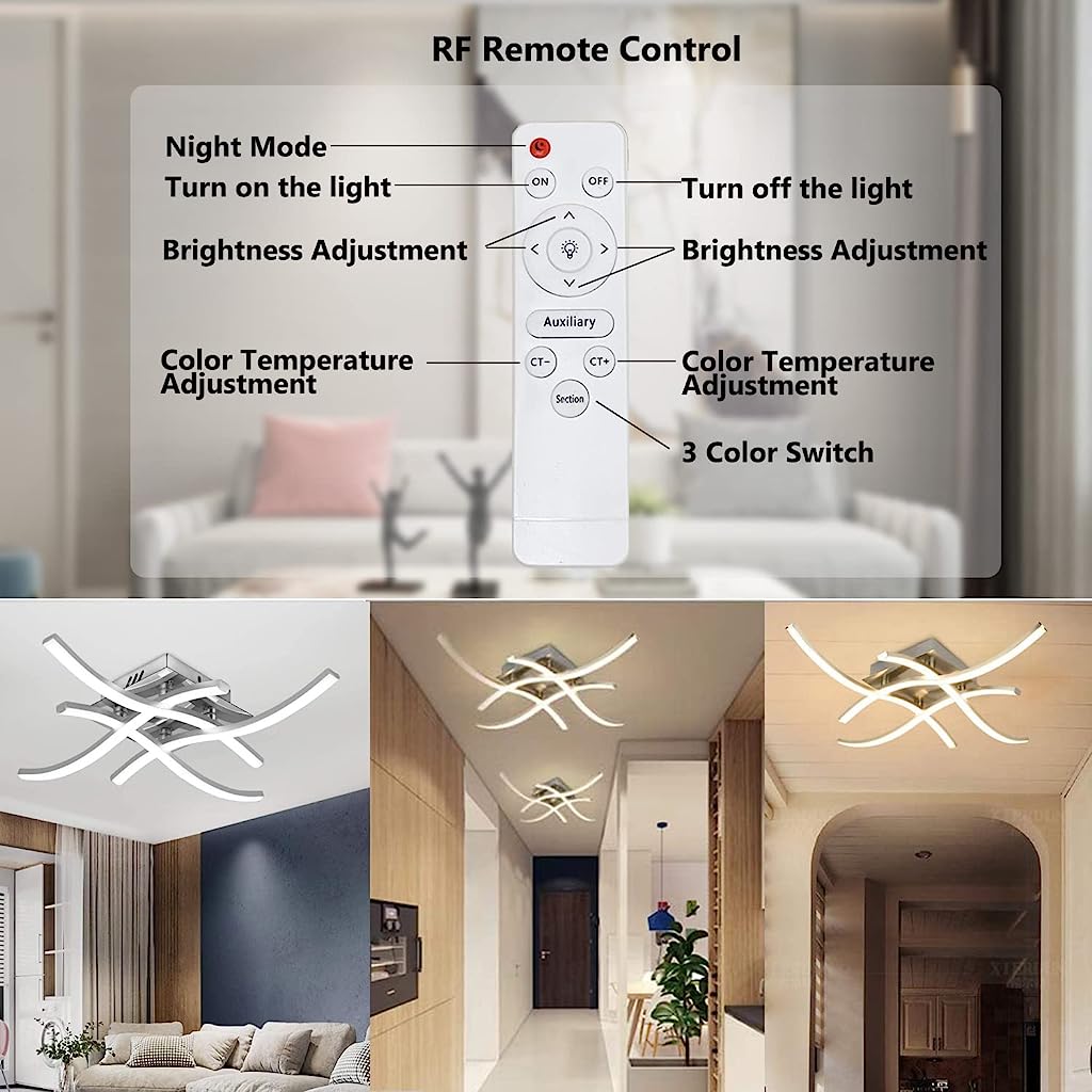 Verilux 3 Color Temperature LED Drop Ceiling Lights, 24W Modern Curved Design LED Ceiling Lamp with Remote Control, Metal Flush Mount Ceiling Lighting Fixture 4 Built-in LED Boards - verilux