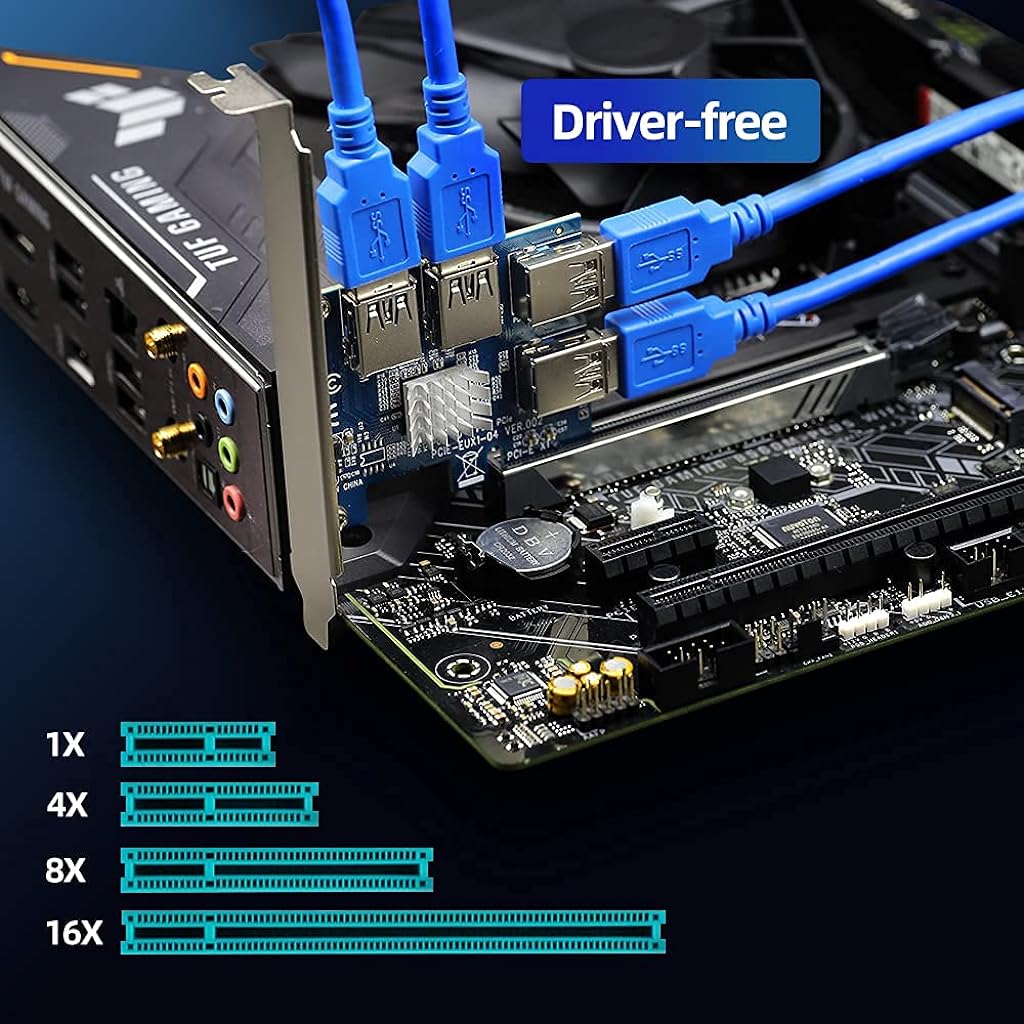 Verilux® PCIe 1 to 4 Riser Card Pcie Splitter 1 to 4 PCI Riser Card, 4 Risers into 1 PCI Card, PCIe Risers 1X to External 4 PCI-e USB 3.0 Adapter Multiplier for Bitcoin Miner Device - verilux