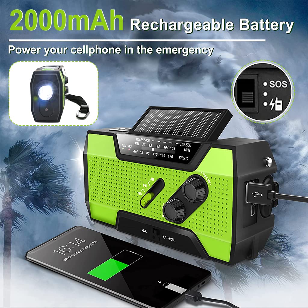 ZORBES® Hand Crank Charger Generator, Emergency Solar Radio Portable Radio AM/FM/NOAA Weather Radio with SOS Alarm, Battery Operated LED Flashlight & Reading Lamping, 2000mAh Power Bank Phone Charger