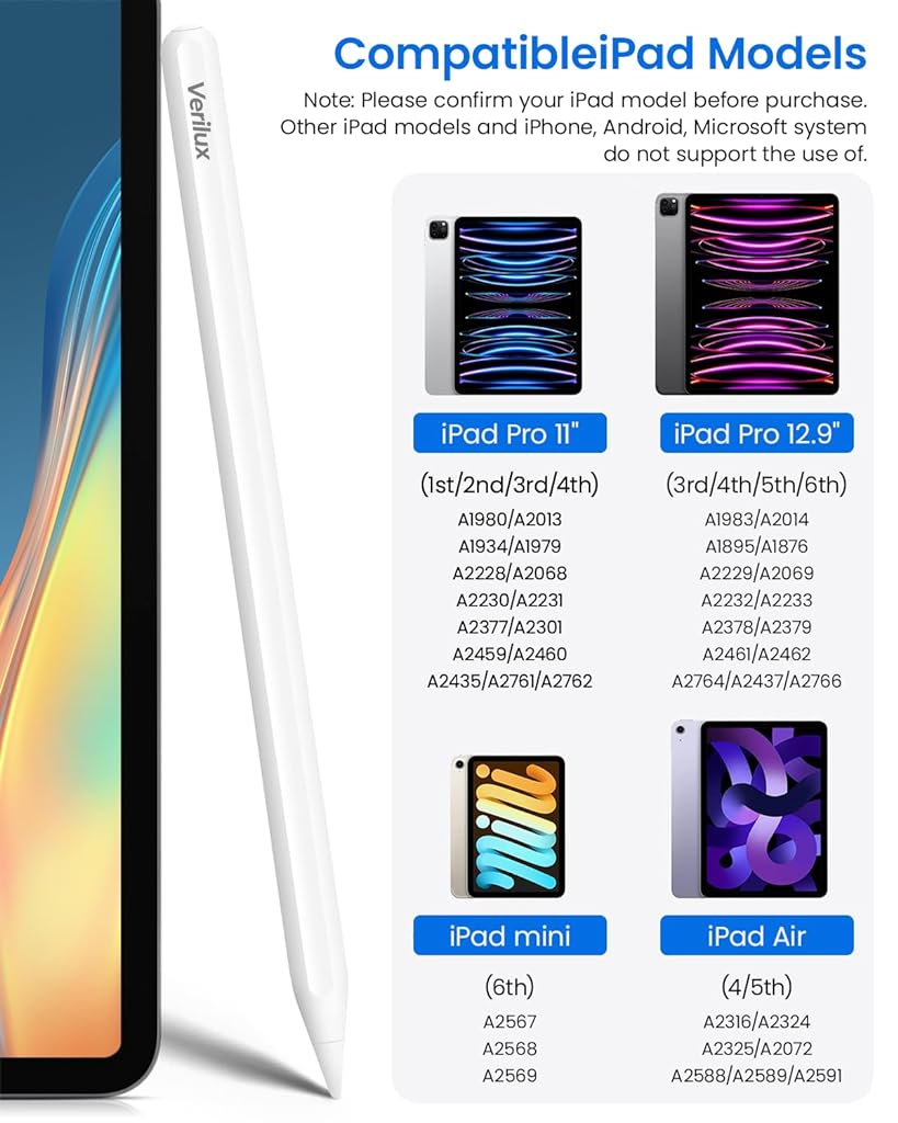 Verilux® Stylus Pen for iPad 2018 and Later High Precision & Sensitivity for Apple Pencil Alternatives, Palm Rejection Bluetooth Smart Pen for Tablet with Tilt Sensitivity, Double Tap ON/Off - verilux