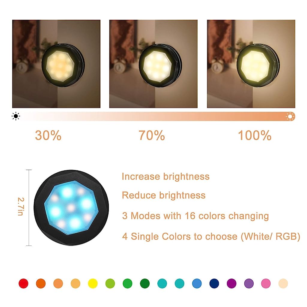 Verilux Closet Lights Under Cabinet Lighting, 16 Colors RGB Wireless LED Puck Lights Color Changing Night Light for Home Kitchen Closet (3pcs) (Black) - verilux