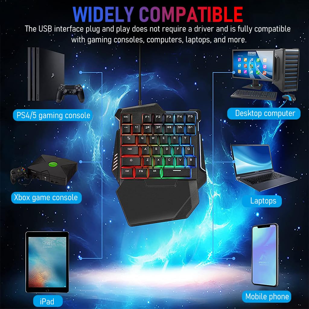 Verilux® 4 in 1 One Hand Gaming Keyboard and Mouse Combo, 35 Keys Wired RGB LED Backlit One Hand Keyboard, USB Wired Gaming Mouse, Converter Adapter for PUBG/Laptop PC Game and Work - verilux