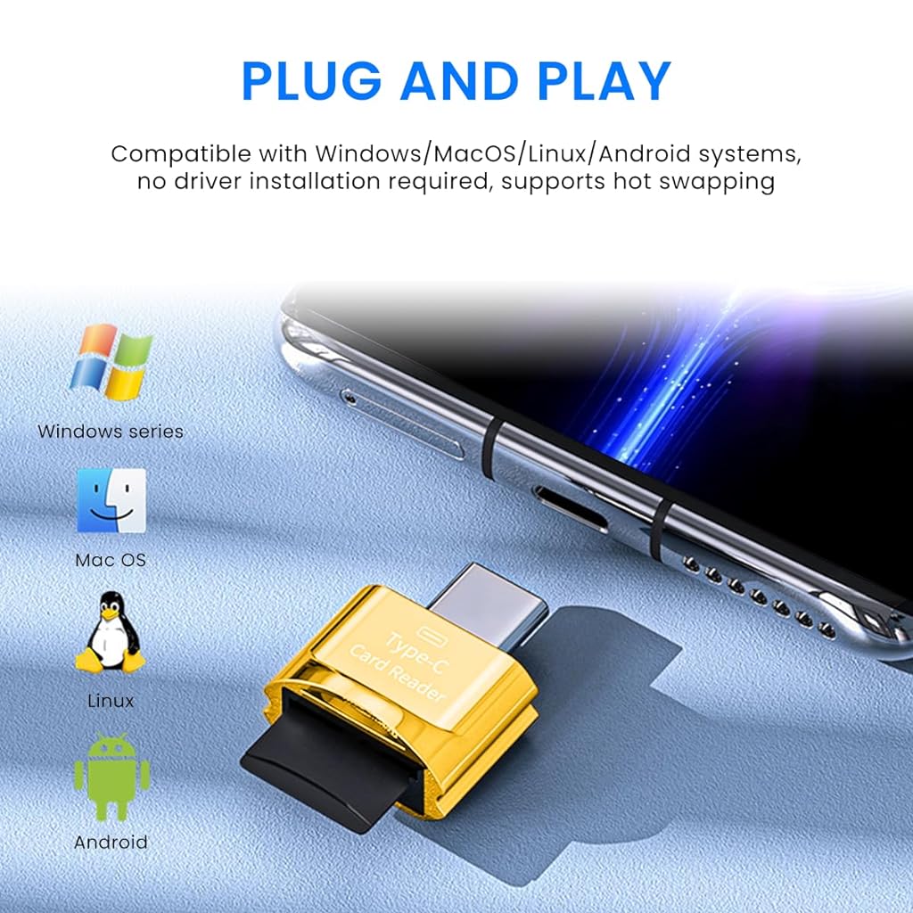 Verilux® TF Card Reader Type C Micro TF Card Reader Golden TF Card Reader with Keychain USB C to Micro SD SDHC SDXC OTG Memory Reader, Compatible with Phone with OTG Function, Instant TF Card Reader - verilux