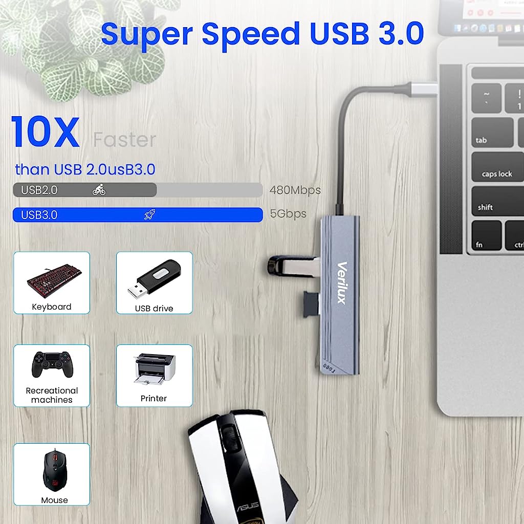 Verilux 5 in 1 USB C Hub, Type C Hub with 4K@30HZ HDMI Output, 55W PD Charging Port, 100M Ethernet Hub, 1 USB 3.0, 1 USB 2.0 USB C Hub for MacBook Air M1, MacBook Pro, Switch, Type-C Devices - verilux