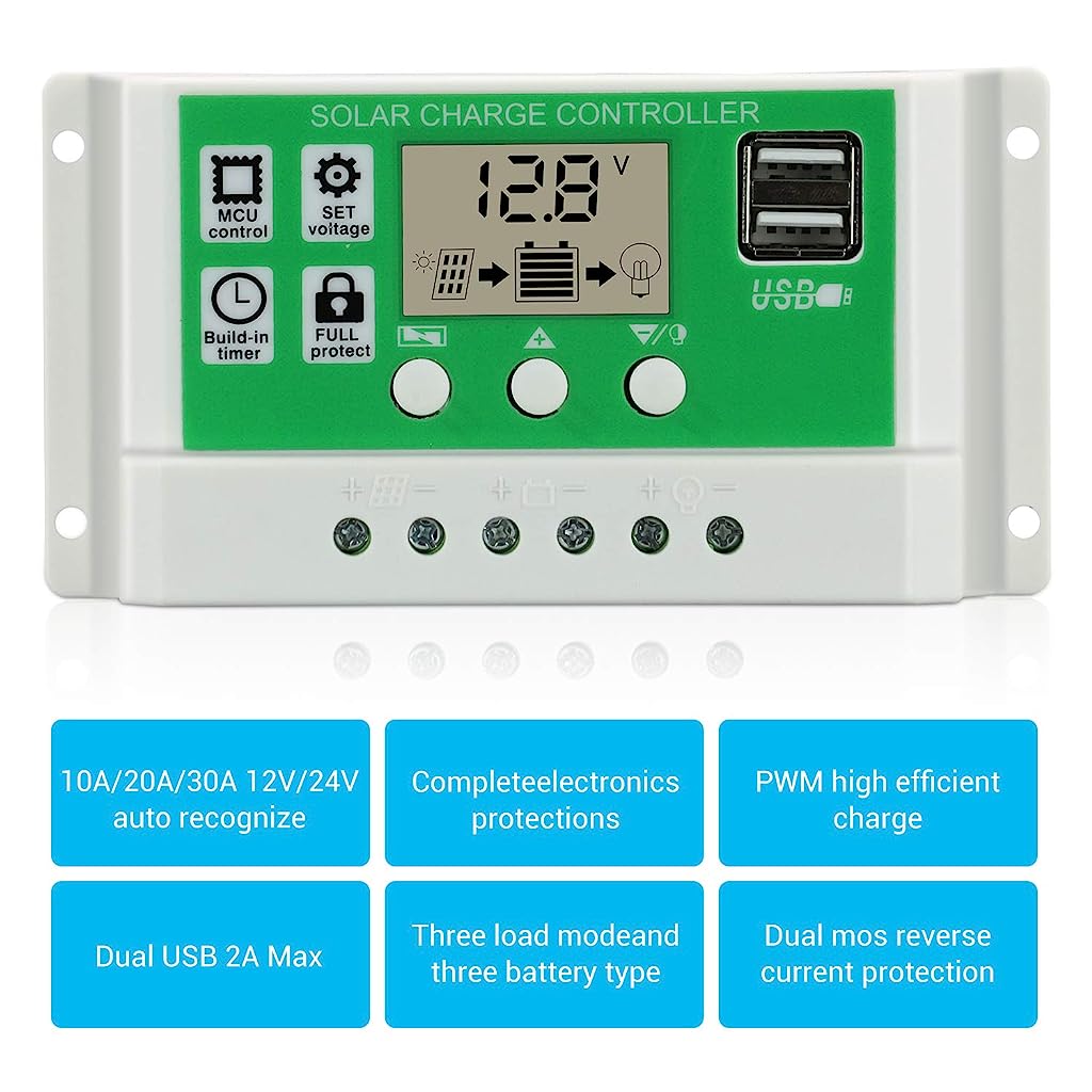 Verilux 10A Solar Charge Controller 12V / 24V, Solar Regulator Lithium Battery/Lead Acid with Dual USB LCD Display, Adjustable parameters Backlit LCD Display and Timing Settings