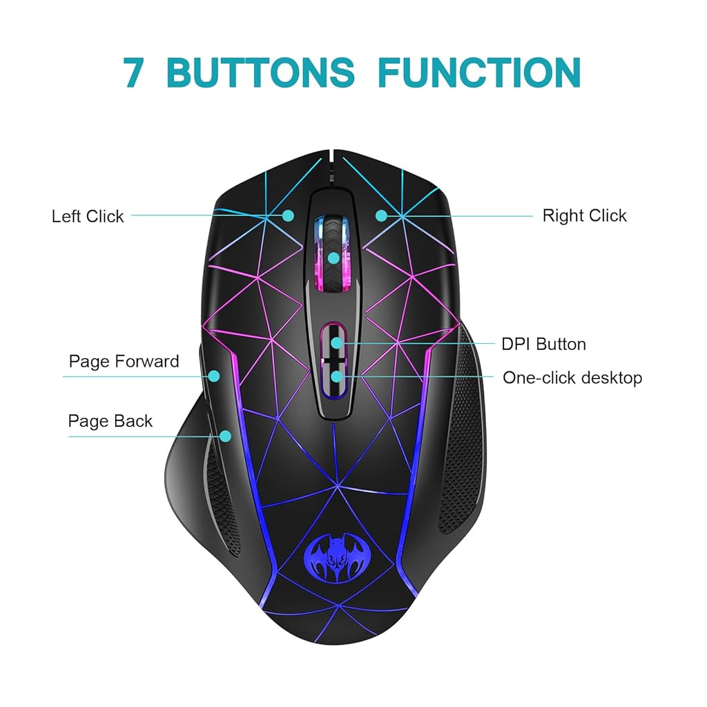 ZORBES® 2.4G Wireless Ergonomics Optical Mouse 7 Keys PC Mouse 3 Adjustable DPI Wireless Gaming Mouse with USB Receiver Cool RGB Backlit for Laptop,Desktop,PC - verilux