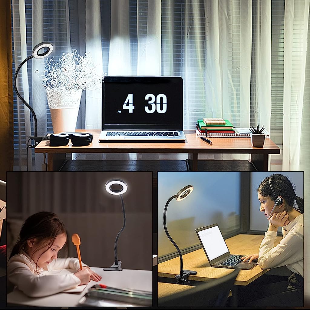 Verilux LED Desk Lamp Clip Light, 10 Dimmable Brightness 3 Light Modes Reading Light, Study Lamp USB Desk Lamp for Reading, Painting, Studying