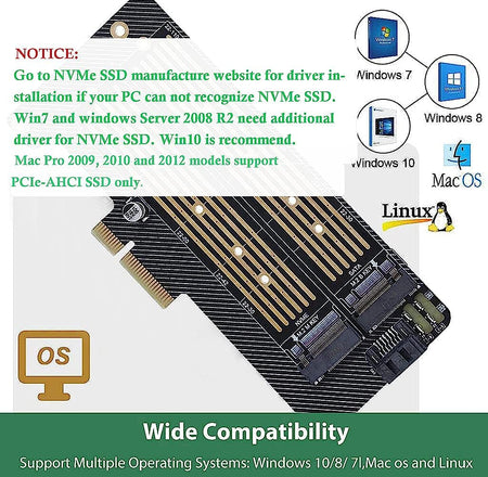Verilux Dual M.2 PCIE Adapter for SATA, PCIE NVMe SSD with Advanced Heat Sink Solution,M.2 SSD NVME (M Key) & SATA (B+M Key) 22110 2280 2260 2242 2230 to PCI-e 3.0 x 4 NVME Adapter