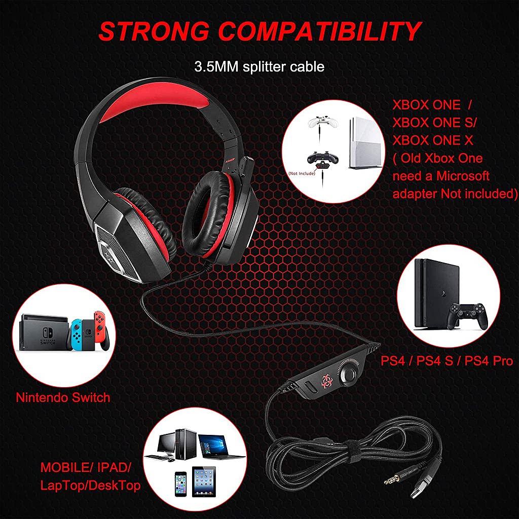 Verilux Gaming Headsphones, PS4 Gaming Headset with Mic,7 LED Lights Over-Ear Surround Sound Noise Cancelling & Volume Control-Red for PC,Xbox One,Nintendo Switch,Laptop,Tablet,Mobile - verilux