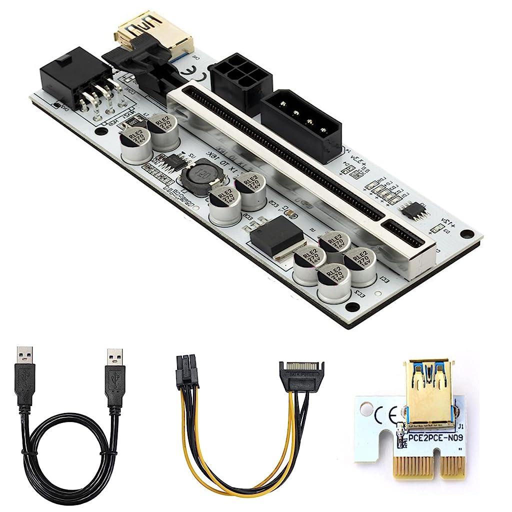 Verilux VER010-X PCIE Riser - PCIE Cable 6 Pin 1X to 16X Powered 8 Capacitors Pcie Riser Adapter Card & USB 3.0 Extension Cable GPU Riser Adapter-Mining Bitcoin, Ethereum ETH Zcash ZEC Monero XMR - verilux