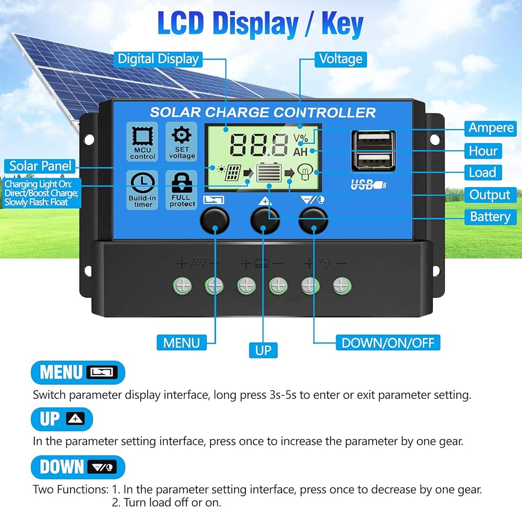 ZORBES® 0A 12V 24V ABS Solar Panel Charger Controller Battery Dual USB LCD Display Regulator - verilux