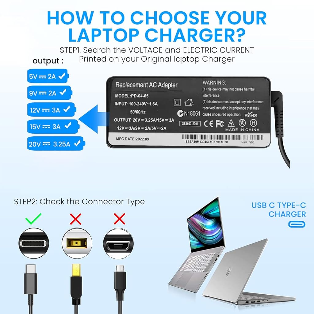 ZORBES® Lenovo Laptop Charger 65W Charger Type C, Lenovo Thinkpad Charger Type C, Universal Chromebook Charger Replacement for Lenovo Thinkpad/Yoga, Dell Chromebook 3100, Asus, - verilux