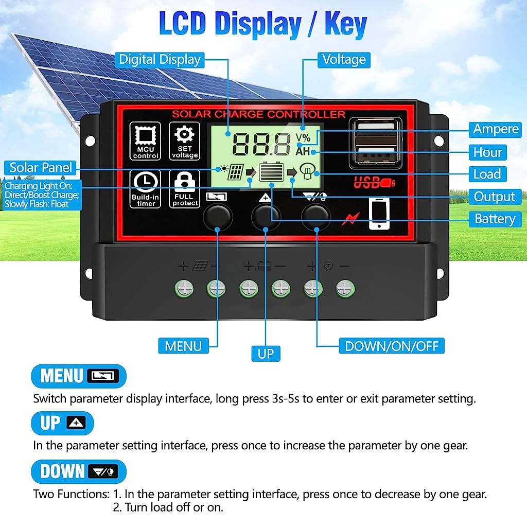 Verilux 10A Solar Charge Controller, Black Solar Panel Battery Smart Regulator, Dual USB Ports 12V/24V PWM Automatic Paremeter Adjustable LCD Display - verilux