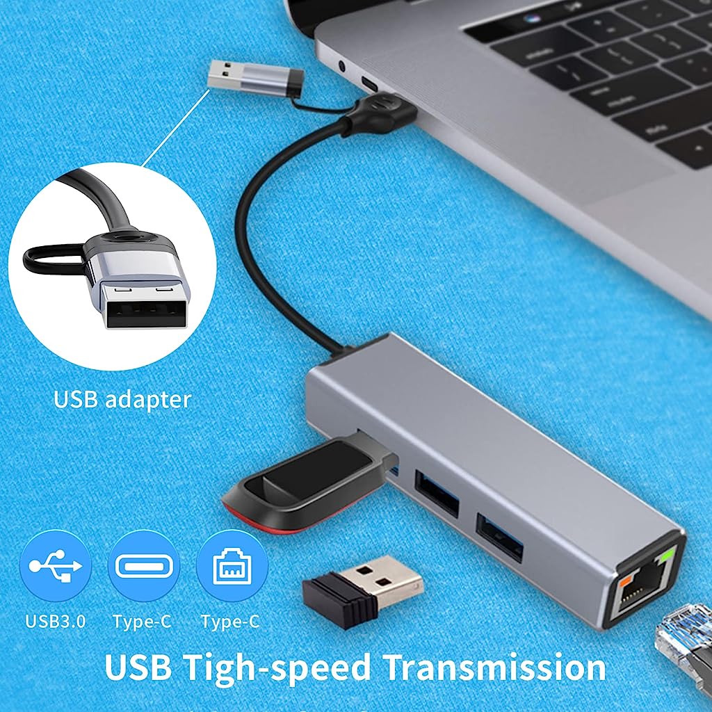 Verilux USB C Hub 4 in 1 USB Type C Hub with USB Adapter USB Hub with 100Mbps RJ45 LAN Port and 2 USB 2.0 Ports and 1 USB 3.0 Port for MacBook Air/Pro 13/15 and More - verilux