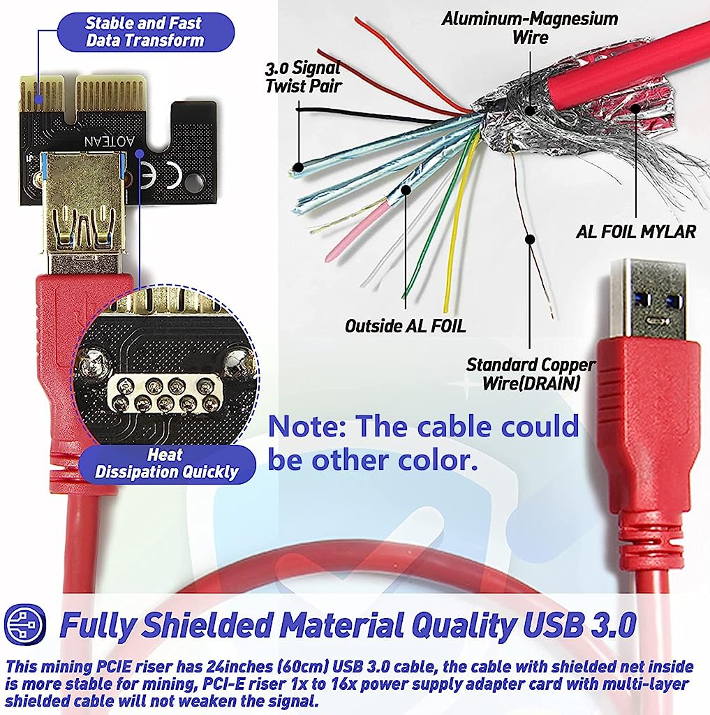 Verilux VER009S-Gold PCIE Riser, PCIE Cable 6 Pin 1X to 16X Powered Pcie Riser Adapter Card & USB 3.0 Extension Cable GPU Riser Adapter-Mining Bitcoin - verilux