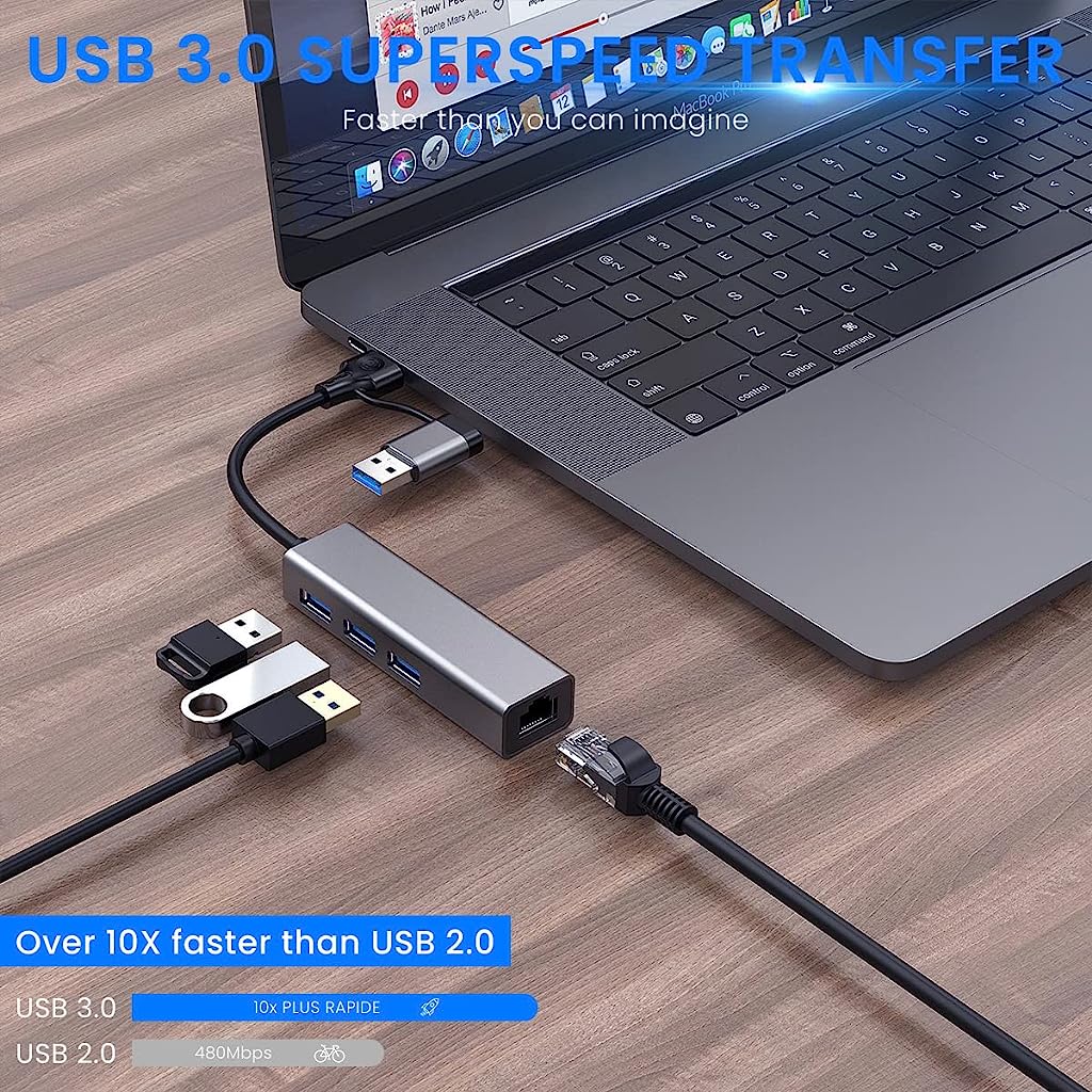 Verilux USB HUB 3.0 for PC, 4-in-1 Type C HUB with 1 USB 3.0, 2 USB 2.0 & 1000Mbps Ethernet Port, Type C/USB Ethernet Adapter for Laptop LAN Connetor Support Windows, Chromebook, Mac, Linux
