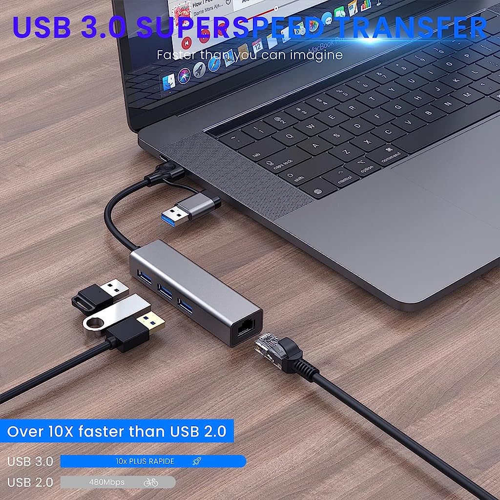 Verilux USB HUB 3.0 for PC, 4-in-1 Type C HUB with 1 USB 3.0, 2 USB 2.0 & 100Mbps Ethernet Port, Type C/USB Ethernet Adapter for Laptop LAN Connetor Support Windows, Chromebook, Mac, Linux