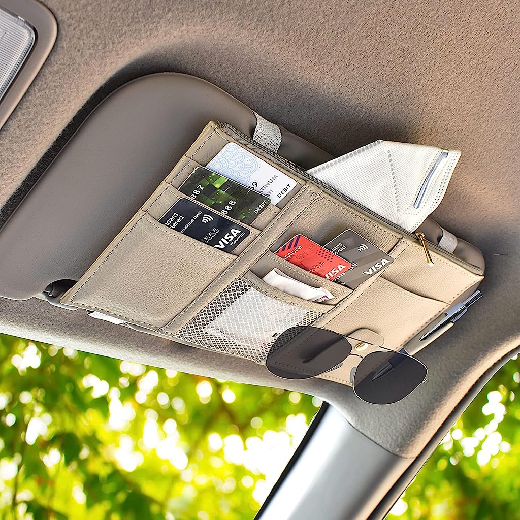 PU Leather Multi-Function Car Space Sun Visor Organizer Hanging(Grey) - verilux