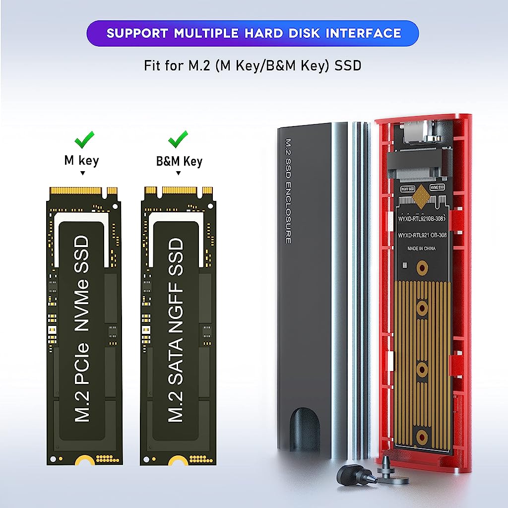 Verilux M.2 NVME SATA SSD Enclosure, Dual Protocol Aluminum Alloy SSD Case with USB C 3.1 Gen 2 USB3.0 to M.2 M-Key B+M Key Enclosure, Fits 2242 2260 2280, USB & USB C Devices, Support Up to 2TB