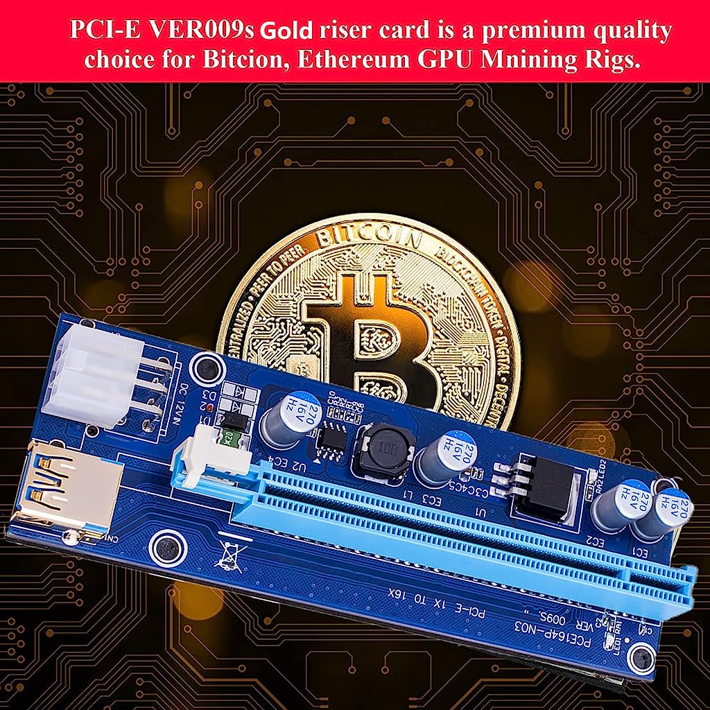 Verilux VER009S-Gold PCIE Riser, PCIE Cable 6 Pin 1X to 16X Powered Pcie Riser Adapter Card & USB 3.0 Extension Cable GPU Riser Adapter-Mining Bitcoin - verilux