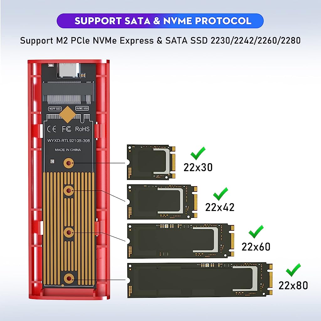 Verilux M.2 NVME SATA SSD Enclosure, Dual Protocol Aluminum Alloy SSD Case with USB C 3.1 Gen 2 USB3.0 to M.2 M-Key B+M Key Enclosure, Fits 2242 2260 2280, USB & USB C Devices, Support Up to 2TB