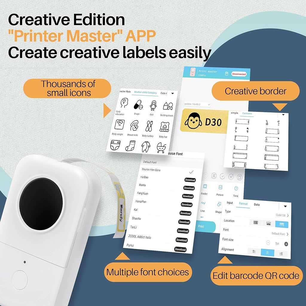 ZORBES® D30 Label Maker,Sticker Maker Machine with One Tape Inkless Small Bluetooth Label Printer for iOS and Android Thermal Inkless Printer for Home - verilux