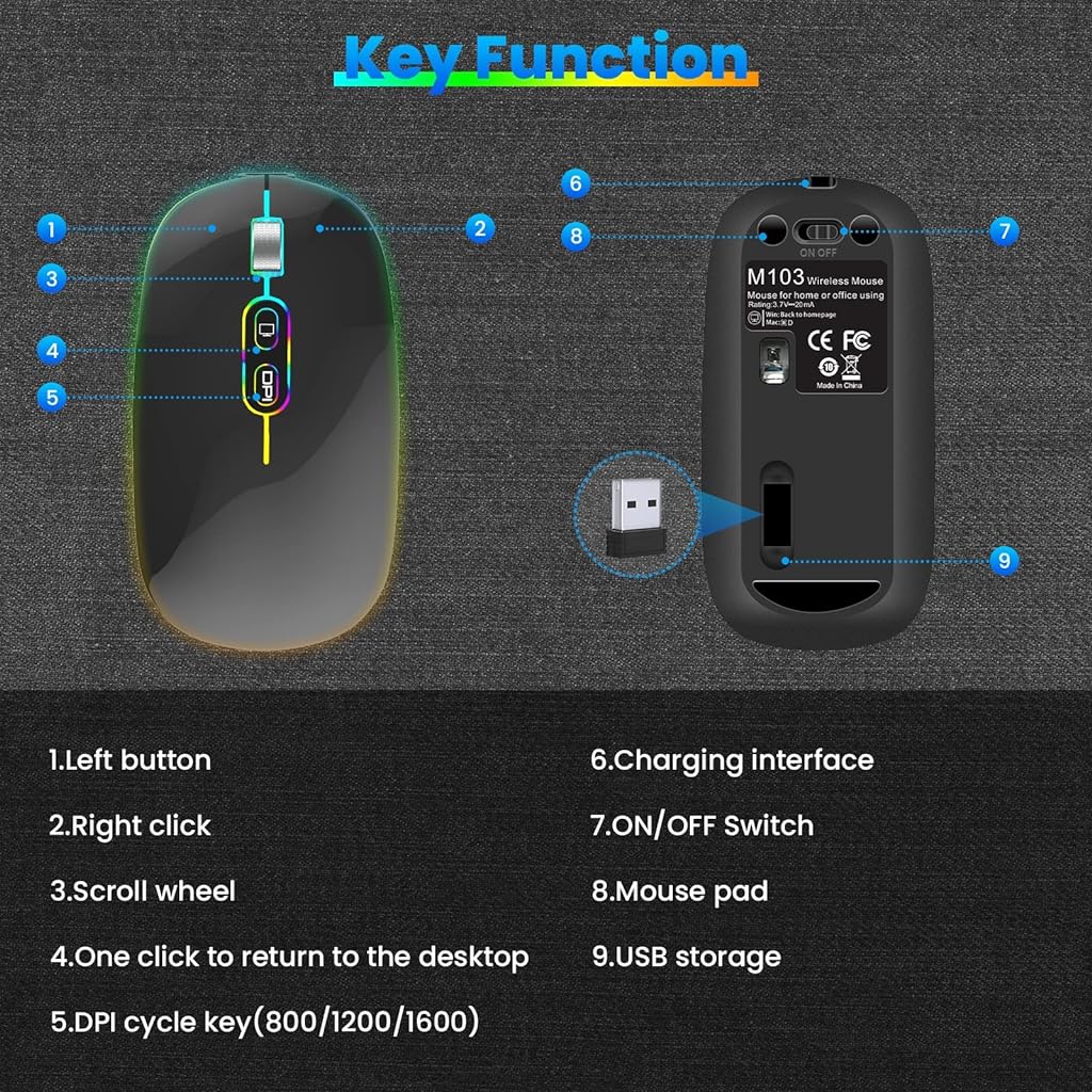 Verilux® Wireless Rechargeable Mouse Optical Mouse Adjustable 800/1200/1600 DPI 2.4GHz Connectivity with Buttons,Scroll Wheel Plug N Play,Built in Rechargable Battery for Laptop, PC,Mac - verilux