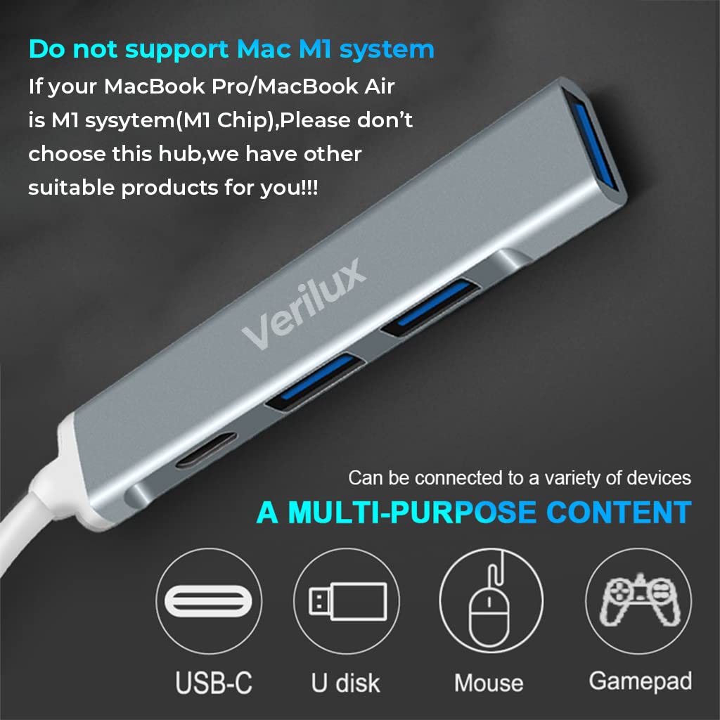 4-in-1 Type C Hub,with 1 USB 3.0, 2 USB 2.0 Ports and USB C Port (Grey) - verilux