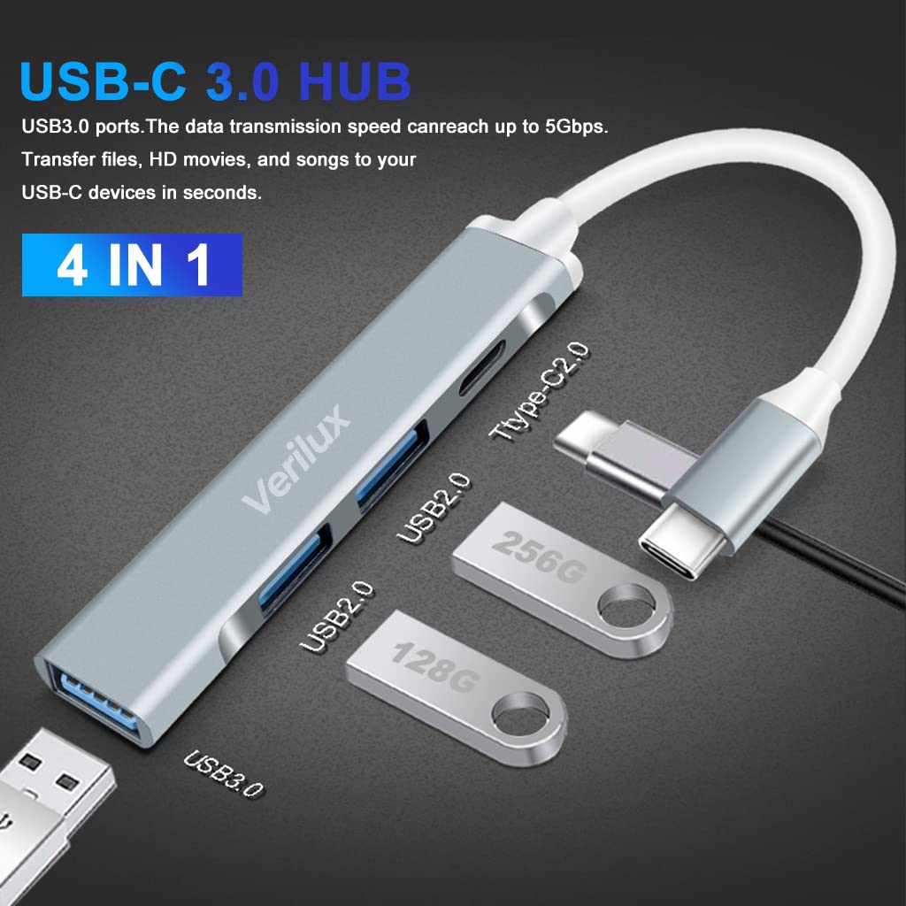 4-in-1 Type C Hub,with 1 USB 3.0, 2 USB 2.0 Ports and USB C Port (Grey) - verilux