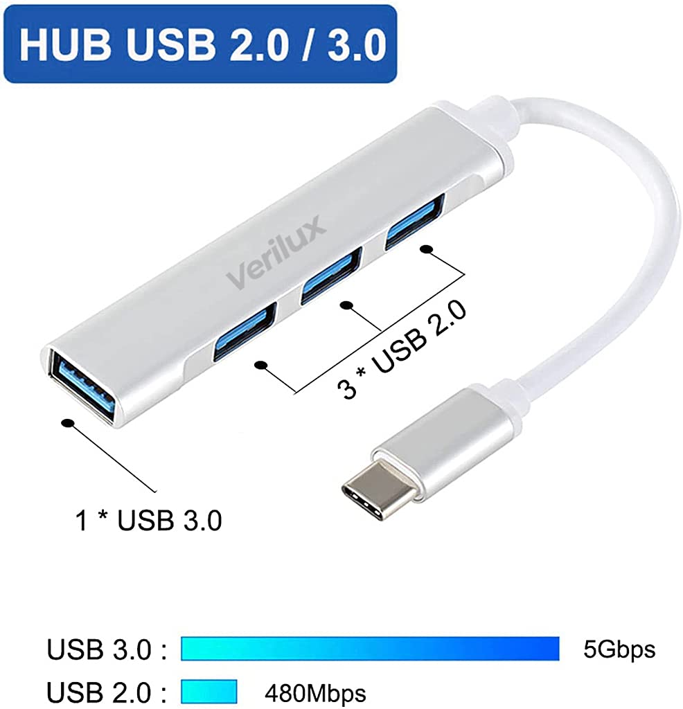 4-Port USB Hub 3.0 with USB OTG, High Speed Aluminum Type C Hub Compatible for PC, Flash Drive