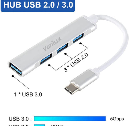 4-Port USB Hub 3.0 with USB OTG, High Speed Aluminum Type C Hub Compatible for PC, Flash Drive