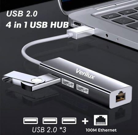 Verilux® USB Hub,USB Hub for Laptop, 10/100Mbps USB Ethernet Adapter with 3 USB 2.0 Ports and RJ45 LAN Port Compatible