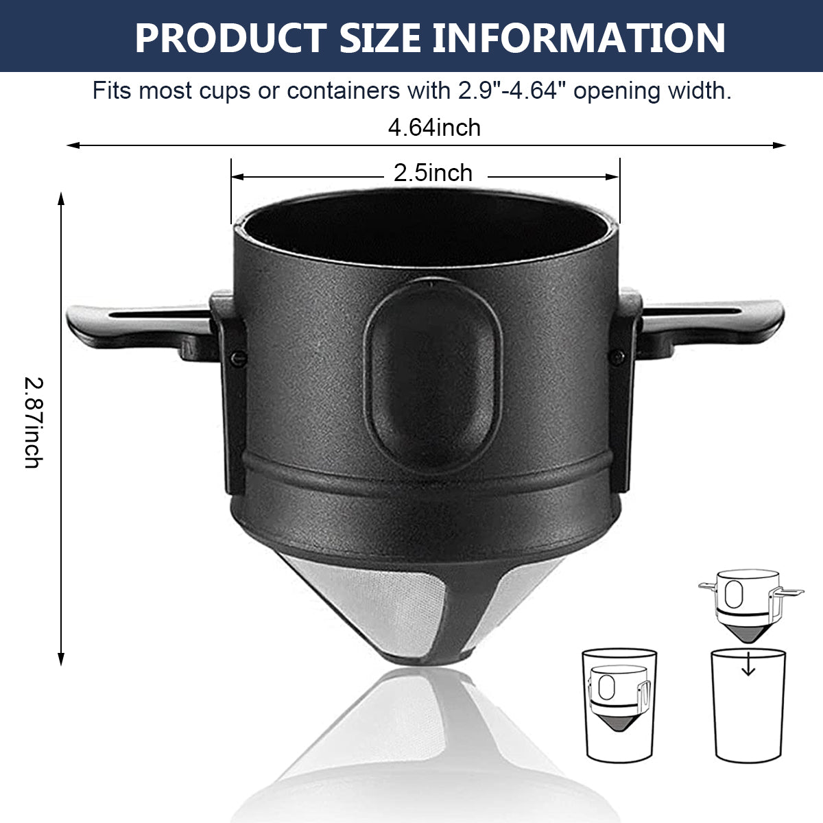 Verilux Filter Coffee Maker with Bottom Cup Double Mesh Pour Over Coffee Filter Food Grade Stainless Steel & Plastic Coffee Dripper 100% Paperless Foldable to Fit Most Cup Keep Coffee Flavour Easy Use & Clean - verilux