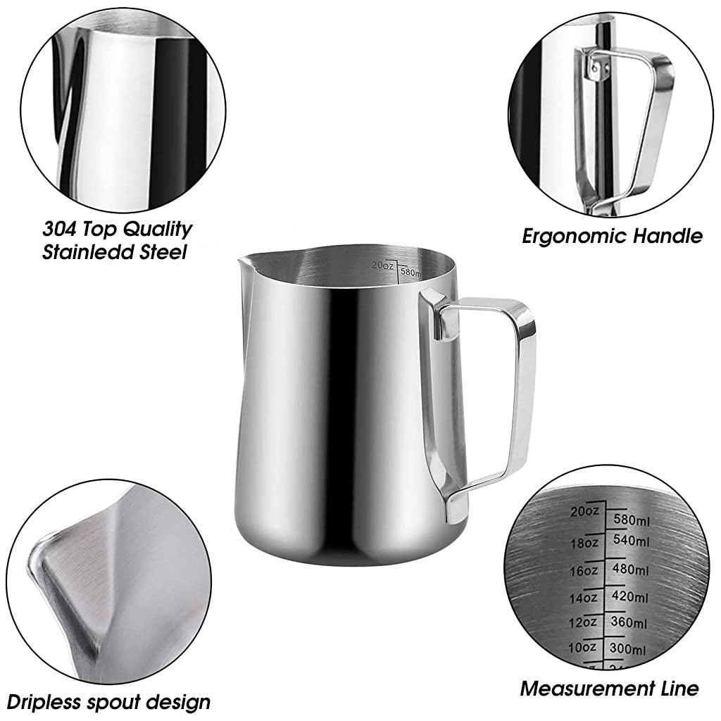 Verilux 20oz Milk Frothing Pitcher with Scale Stainless Steel Espresso Milk Frothing Pitchers for Cappuccino Barista Steam Pitchers Milk Jug Cup with Decorating Pen Latte - verilux