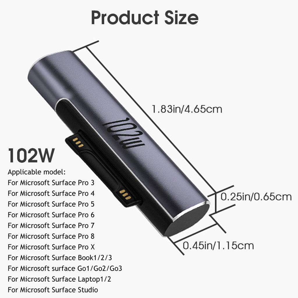 Verilux USB C to Surface Charging Connector, PD Adapter 102W Fast Charging Converter for Microsoft Surface Pro x/8/7/6/5/4/3 Go 1/2 Surface Book Must Works with 45W 15V/3A (or Above) USB C Charger - verilux