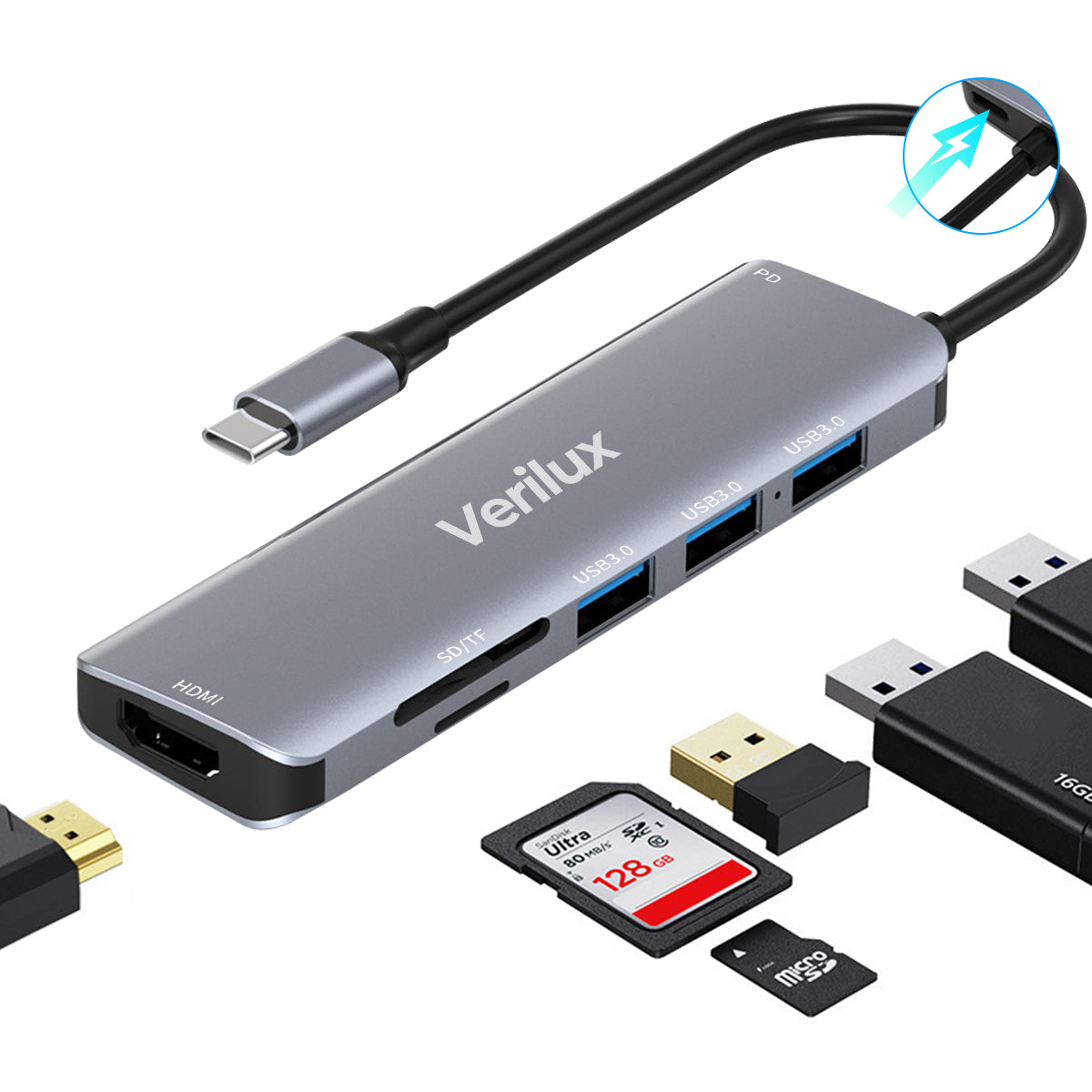 Verilux USB C Hub Multiport Adapter 7 in 1 Portable Aluminum Type C Hub with 4K@30Hz HDMI Output, 55W PD, 3 X USB 3.0 Ports, SD/Micro SD Card Reader Compatible for MacBook Pro/Air M1, Type C Devices