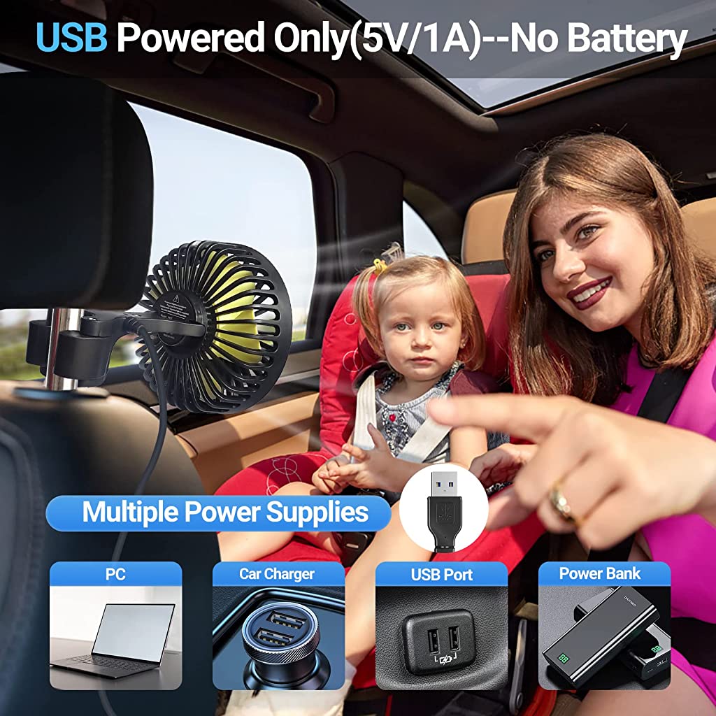 Verilux® 5V USB Fan for Car Back Seat - verilux