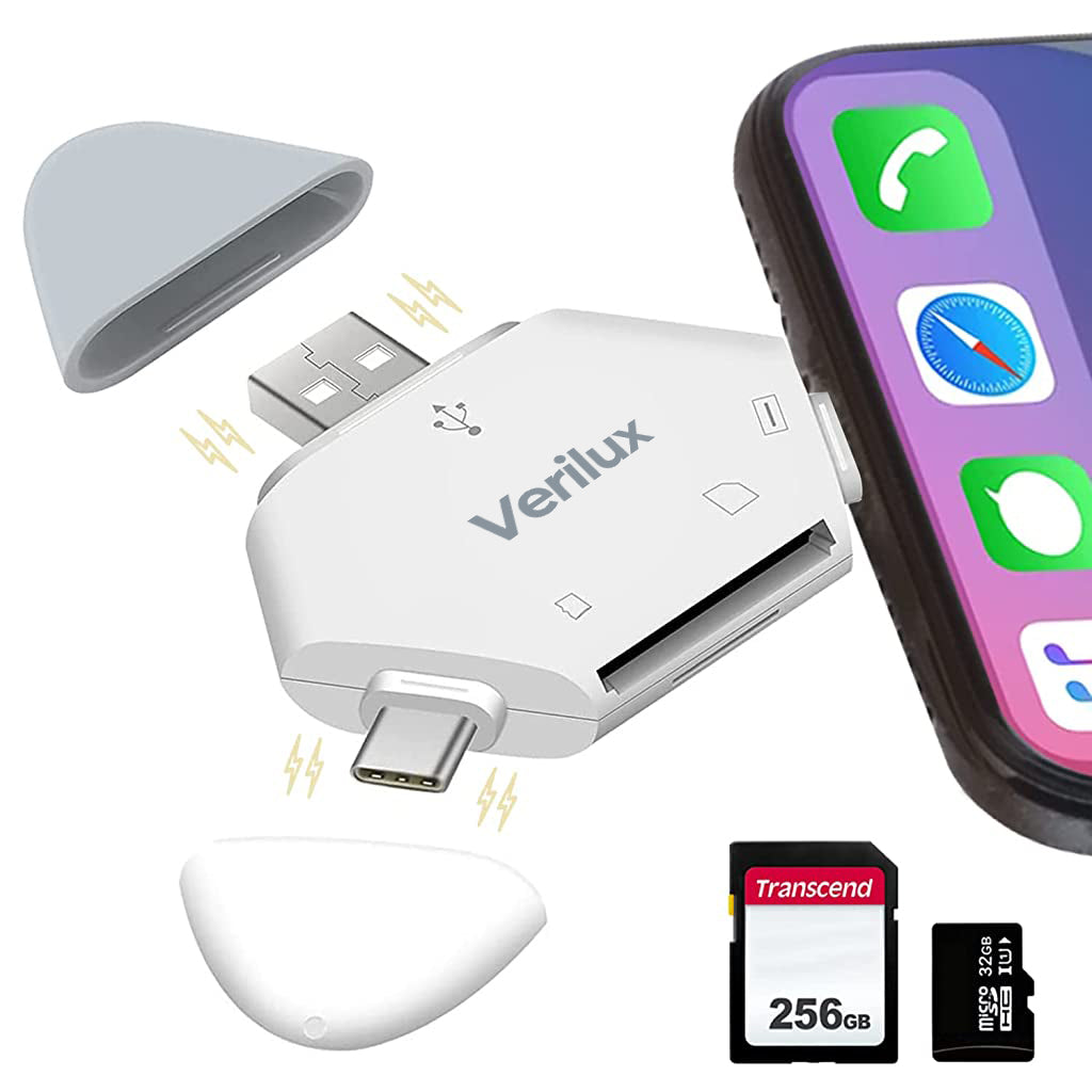 Verilux SD Card Reader 3 in 1 Micro SD Card Reader with Light-ning, USB A, Type-C Interface, OTG Card Reader with Magnetic Cap Memory Card Reader Compatible with iPhone, iPad, MacBook, PC, Tablet