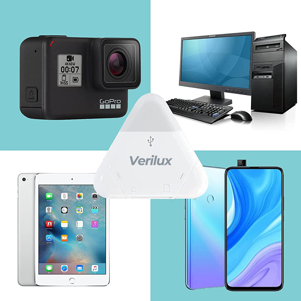 Verilux SD Card Reader 3 in 1 Micro SD Card Reader with Light-ning, USB A, Type-C Interface, OTG Card Reader with Magnetic Cap Memory Card Reader Compatible with iPhone, iPad, MacBook, PC, Tablet - verilux