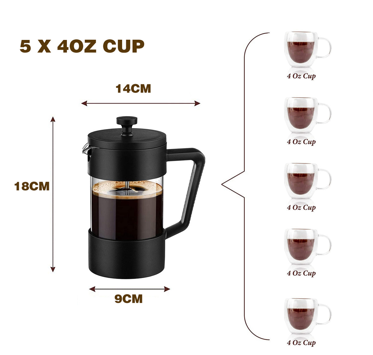 Verilux French Press Coffee Maker 600ML 3 Part Superior Filtration German Heat-Resistant Borosilicate Glass Coffee Maker with 304 Stainless Steel Rust-Free Dishwasher Safe - verilux