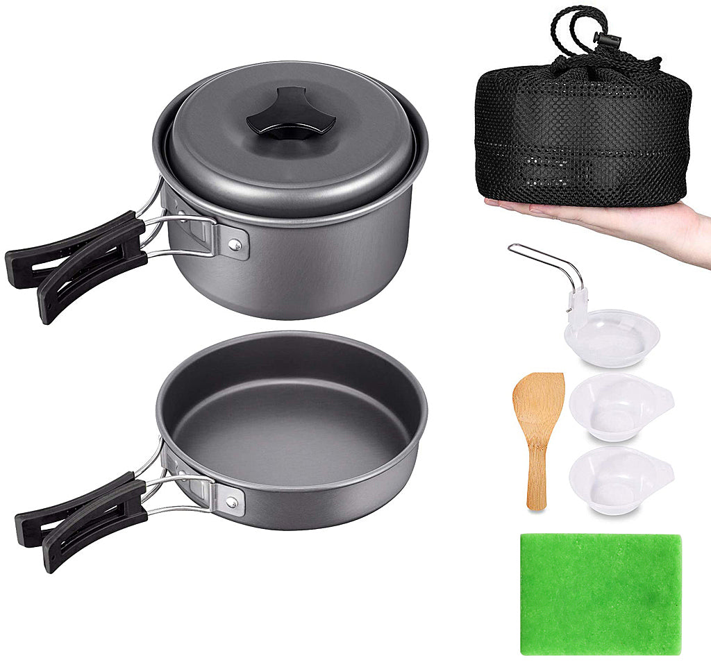 Verilux 8pcs Camping Cooking Set, Portable Camping Accessories for Outdoor Lightweight Camping Utensils Pot Pans Set with Bag for Travel Backpacking Hiking Trekking BBQ Cooking Equipment - verilux