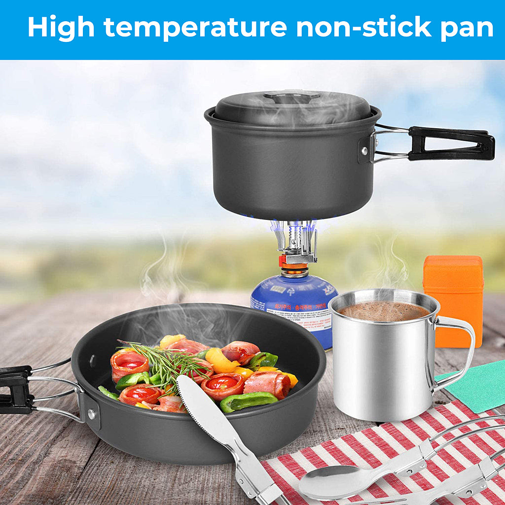 Verilux 8pcs Camping Cooking Set, Portable Camping Accessories for Outdoor Lightweight Camping Utensils Pot Pans Set with Bag for Travel Backpacking Hiking Trekking BBQ Cooking Equipment - verilux